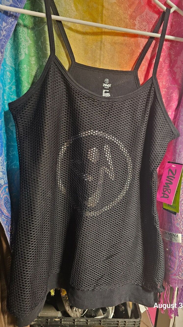 Zumba Brand Sz Large Tank Top Black with Mesh Netting Silver Logo, new with tags